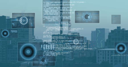 Multiple round scanners and data processing against aerial view of cityscape. computer interface and...