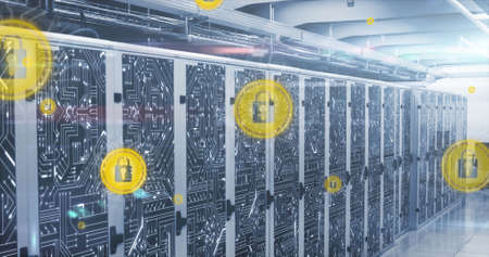 Image of icons with online security padlocks over computer servers. global technology, network of...