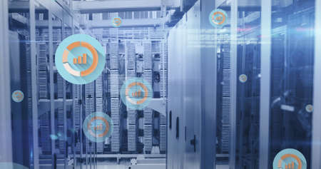 Image of statistics and data processing over computer servers. global technology, network of...