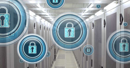 Image of icons of online security padlock over computer servers. global technology, network of...
