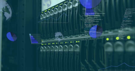 Image of statistics recording and data processing over computer server. digital interface, global...