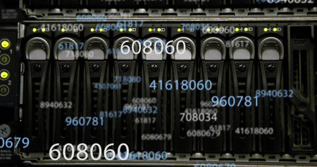 Image of scientific data processing over server room. global science, technology and digital...
