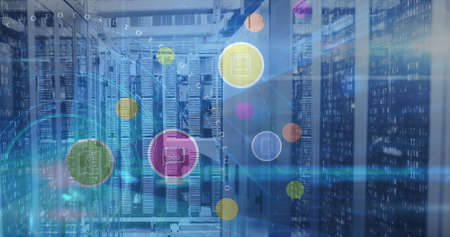 Image of digital icons over scope scanning and computer servers. global connections and digital...