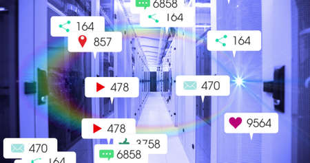 Image of social media icons and numbers on banners over computer servers. global networking, social...