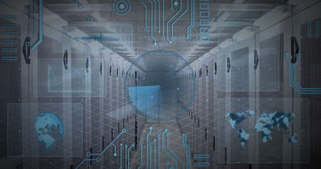Image of scope scanning and data processing over computer servers. digital interface, connection and...