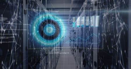 Image of scope scanning over computer servers. global connections, data processing and digital...