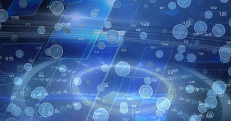 Image of scope scanning and icons over computer servers. global connections, data processing and...