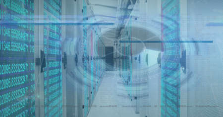 Image of scope scanning and data processing over tech room with computer servers. global technology,...