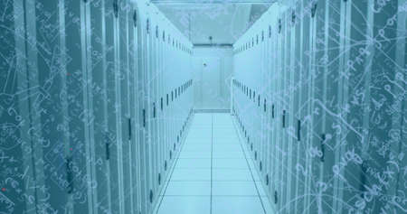 Image of computer servers over mathematical equations and grid. digital interface global connection...