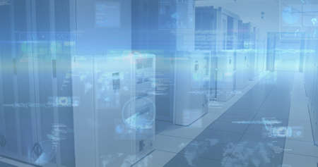 Image of interface screens and information moving over computer server room. communication...