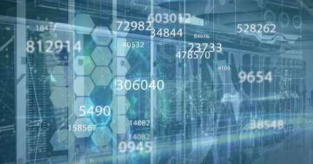 Digital image of multiple changing numbers and network of connections moving against empty server...