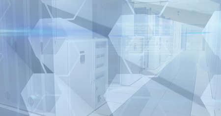 Image of hexagons over tech room with computer servers. digital interface global connection and...