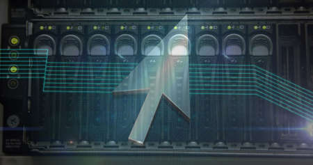 Digital composition of arrow icons and light trails against close-up view of computer server....