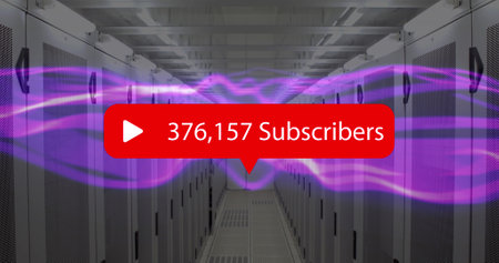 Play icon with increasing subscribers over purple digital waves against empty server room. social...