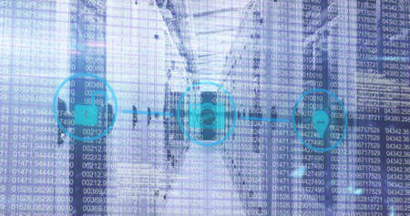Digital image of Network of digital icons over data processing against empty server room. Global...