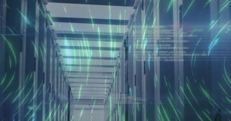 Image of digital interface with data processing and glowing lights over server room. Global digital...