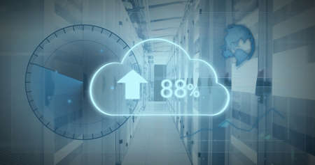 Image of digital cloud with percent going up, scope scanning and globe over computer servers....