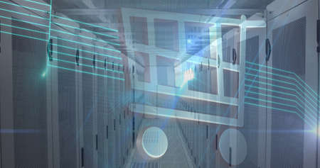 Image of a shopping card icon over an empty server room. digital interface global connections...