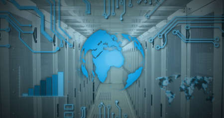 Image of globe spinning and data processing over computer servers in background. digital interface...