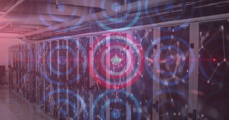 Image of multiple white and red circles over an empty server room. digital interface global...