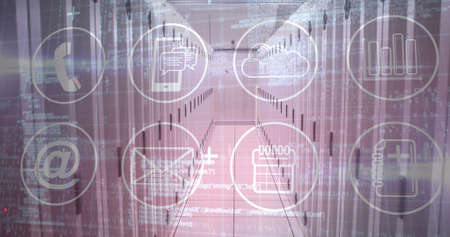 Image of technological icons data and information in a server room. digital interface global...
