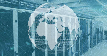 Image of globe spinning and network of connections over computer servers. digital interface global...