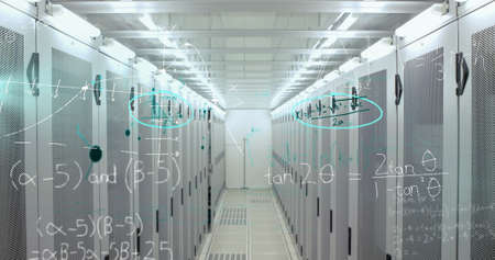 Image of handwritten mathematical equations and molecules over network of computer servers in tech...