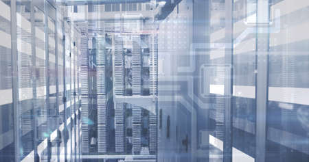 Digital image of microprocessor connections against empty server room. computer interface technology...