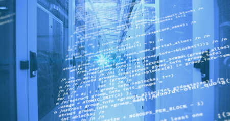 Image of data processing over tech room with computer servers. digital interface global connection...