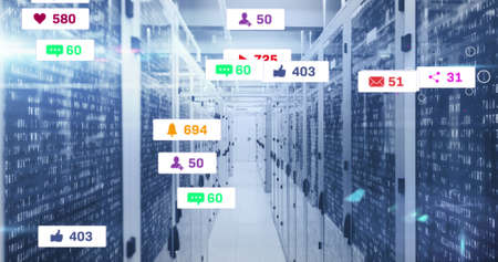 Image of social media icons and numbers on banners over computer servers. global networking, social...