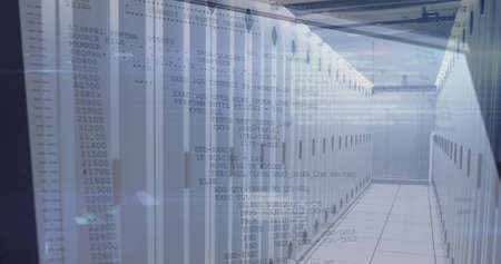 Image of data processing over tech room with computer servers. digital interface, global technology...