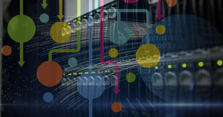 Image of network of connections over computer server and globe with binary coding in background....
