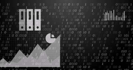 Image of data processing on black background. Global business and digital interface concept digitally generated image.の写真素材