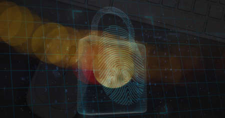 Image of blurred traffic lights over digital padlock with fingerprint and dark space. Data processing, digital screen, network safety and technology concept digitally generated image.の写真素材