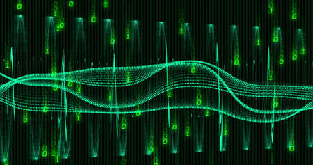 Image of data processing on black background. Global business and digital interface concept digitally generated image.の写真素材