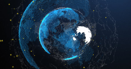 Image of globe, connections and dots on navy background. Global network, connections, social media...