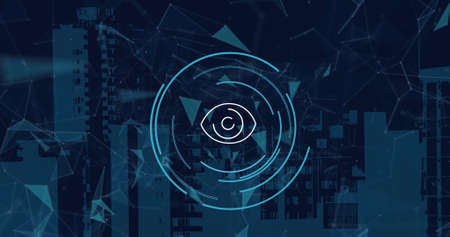 Image of data processing and eye on black background. Global business and digital interface concept...