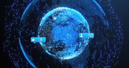 Image of globe, connections and social media reactions on navy background. Global network,...