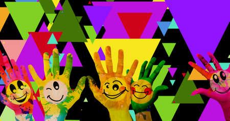 Image of hands and triangles on black background. Universal childrens day and celebration concept...