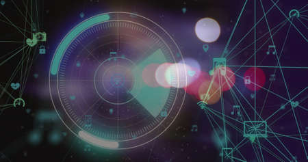 Image of blurred traffic lights over processing circle, connections and dark space. Data processing,...