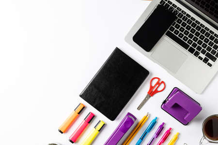 Image of composition with laptop, smartphone and tablet with copy space and office equipment....