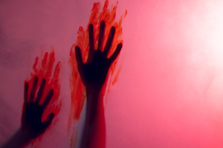 Composition of shape of hands with blood stains on red background. Halloween tradition and celebration concept.の写真素材