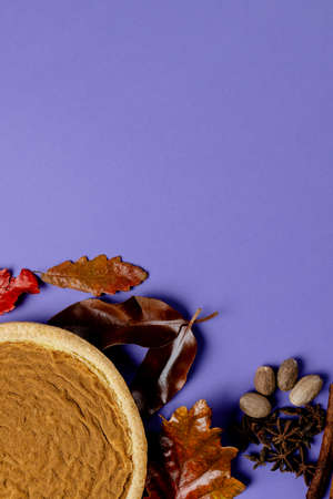 Composition of autumn leaves, spices and pie on purple background. Halloween, autumn, tradition and celebration concept.の写真素材