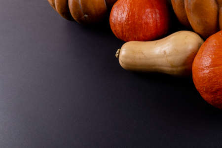 Composition of multiple orange pumpkins lying on black background. Halloween, autumn, tradition and celebration concept.の写真素材