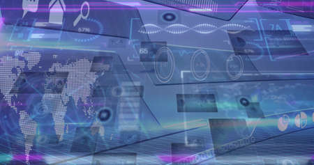 Image of data processing and network of connections over blue background. Global connections, data...