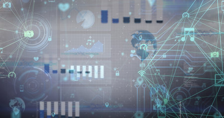 Image of data processing and network of connections over blue background. Global connections, data...