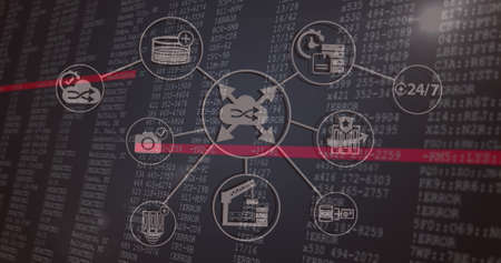 Image of falling icons over data processing on dark background. Global science, connections, data...