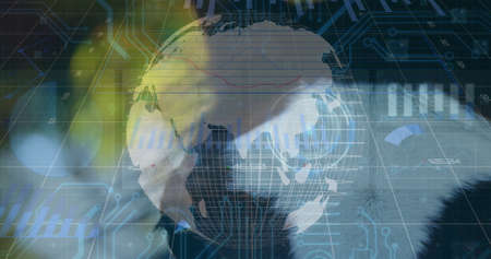 Image of data processing and globe over horse. Global technology, computing and digital interface concept digitally generated image.の写真素材