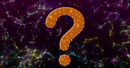 Image of question mark icon over network of connections on black background. Global connections, and...