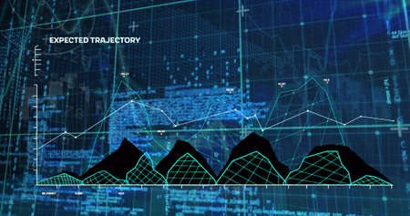 Image of data processing on black background. Global technology, computing and digital interface...